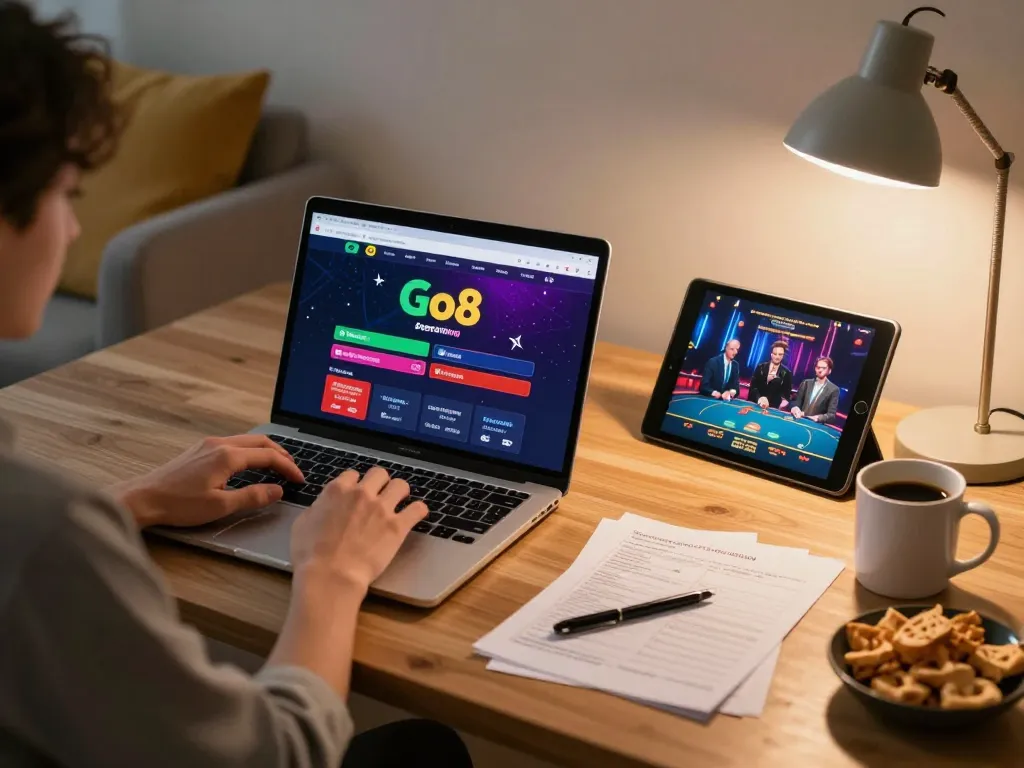 Engaging in Go8 online casino games from a cozy home setup with tablets and strategic notes.
