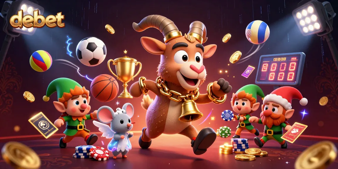 Engage with debet's immersive casino experience featuring animated characters in a vibrant, festive atmosphere.