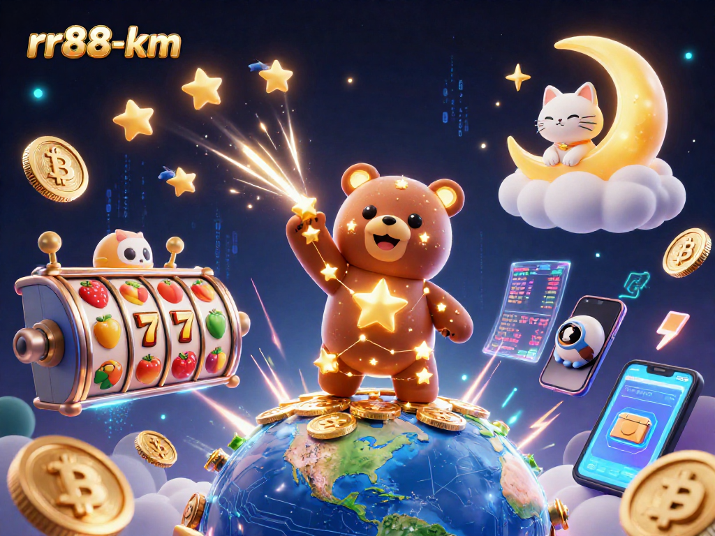 Join the excitement of rr88-km with the cosmic bear and slot elements in a vibrant casino scene.