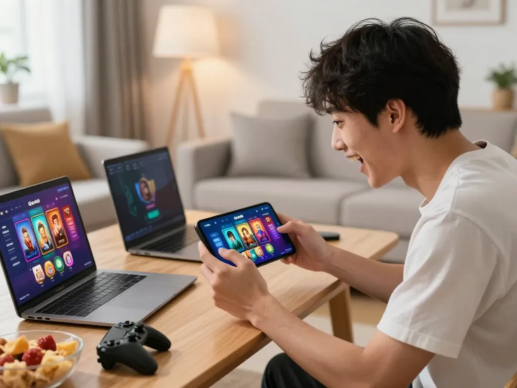 Engaged player exploring Go88 gaming platform on mobile device in a lively atmosphere.