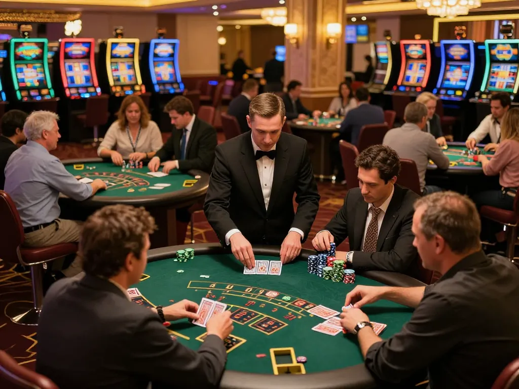 Players enjoying a thrilling game of blackjack at a lively casino, showcasing the excitement and strategic gameplay with okfun.