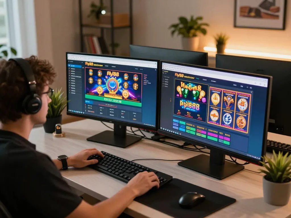 Player engaging with fly88 online casino on multiple screens in a stylish home office setup