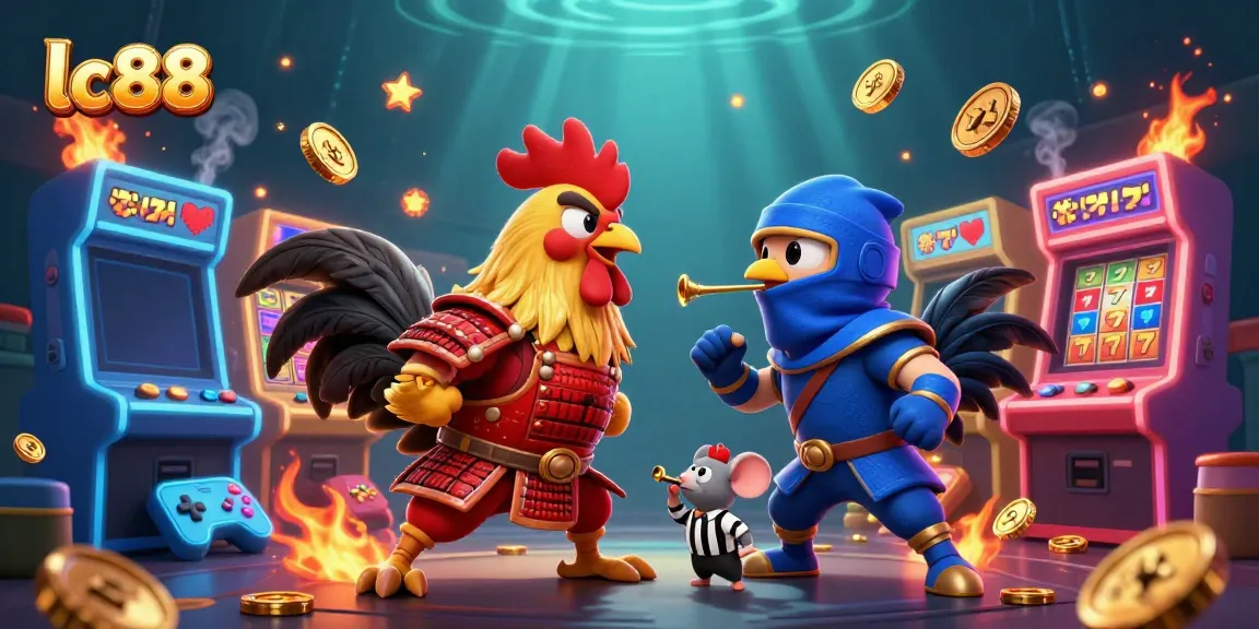 Watch twin fighting roosters clash in the thrilling lc88 gambling scene filled with arcade game excitement.
