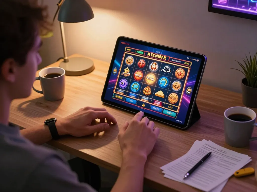 Engaging in slot pulsa 2026 at home, a player interacts with colorful online slots on a tablet, showcasing responsible gaming.