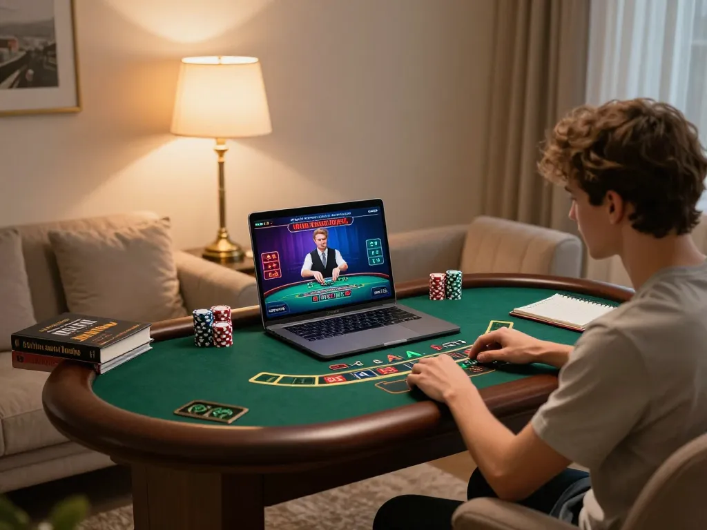Player actively engaging in live dealer blackjack on a laptop at home, showcasing go8 gaming experience.