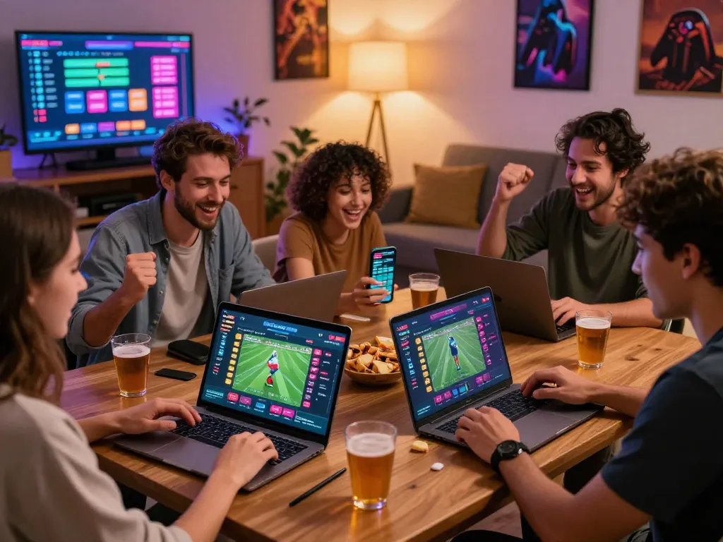 Group enjoying online rikbet gaming with devices and snacks in a cozy setting.