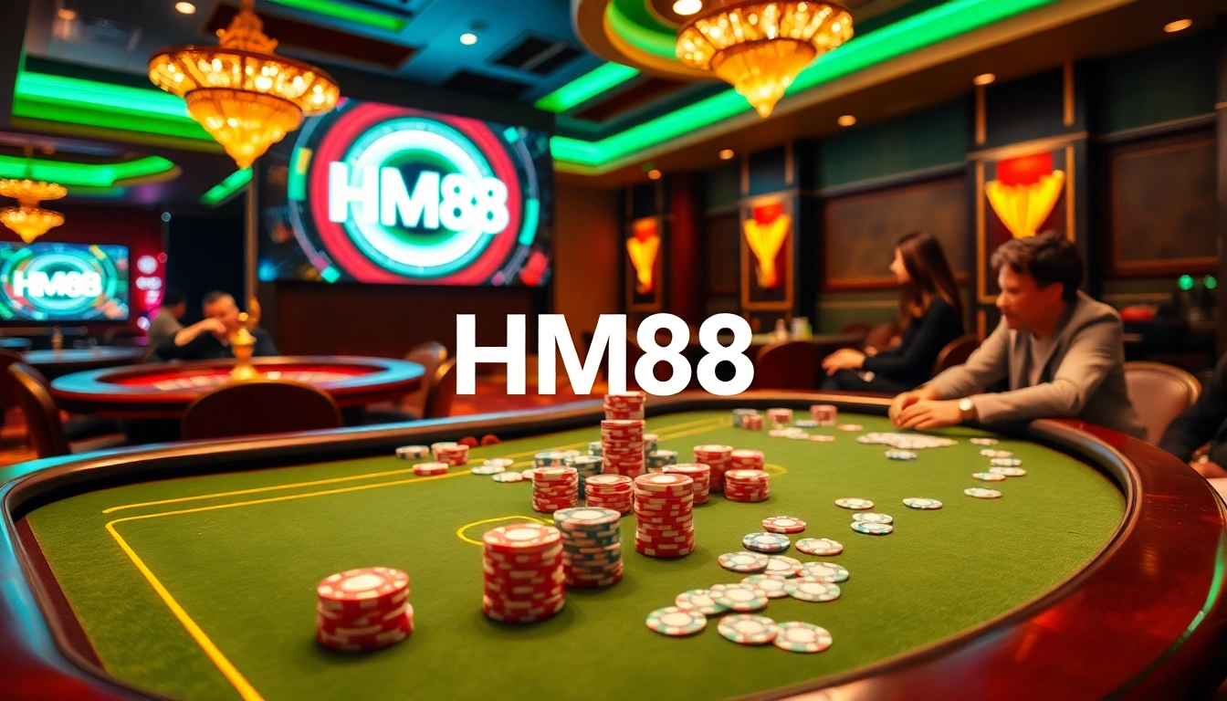Players enjoy an exhilarating game at the HM88 casino table, surrounded by vibrant poker chips and bright lights.