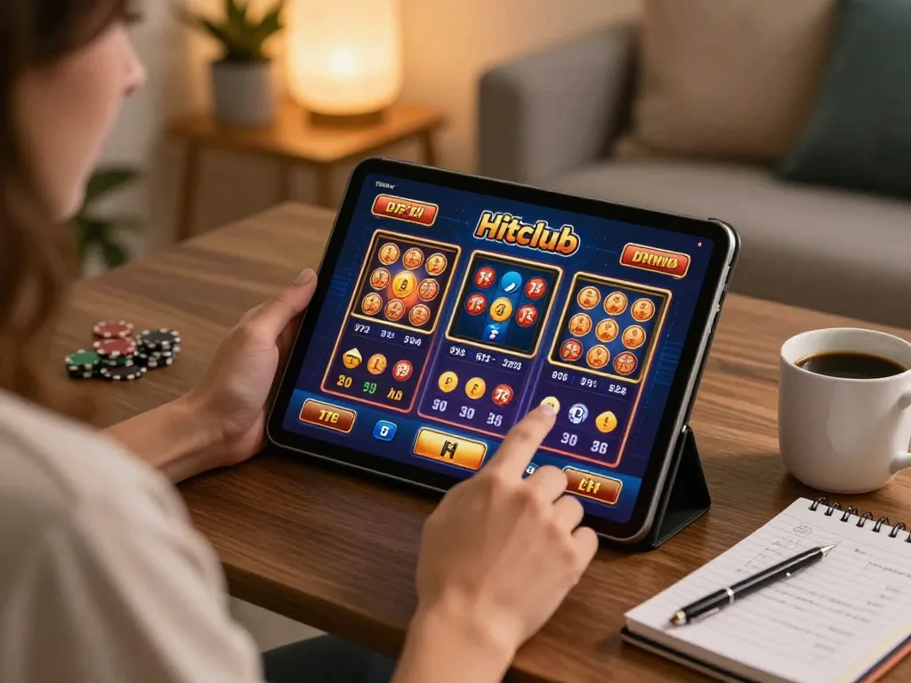 Hitclub gaming experience on a tablet in a cozy home setting with strategic notes.