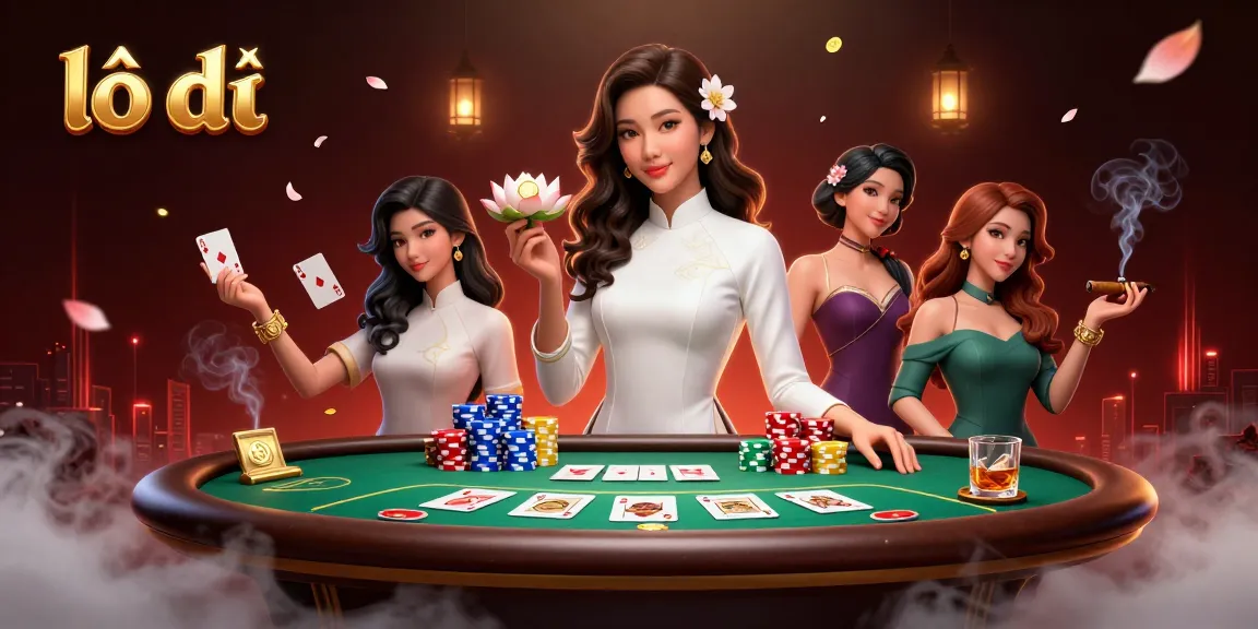 Engaging scene depicting lô đề betting with an elegant Asian woman at a poker table, surrounded by chips and cards.