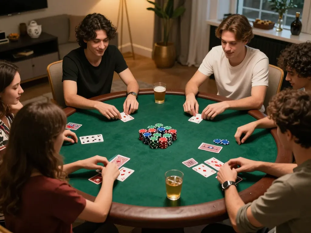 Engaged friends playing poker at home, showcasing vin88 strategies and friendly competition.