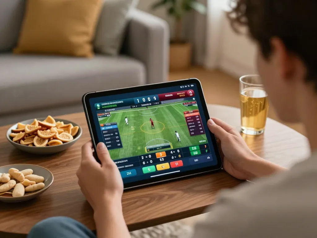 Engaging in sports betting on tic88 through a tablet, displaying live odds and player stats.