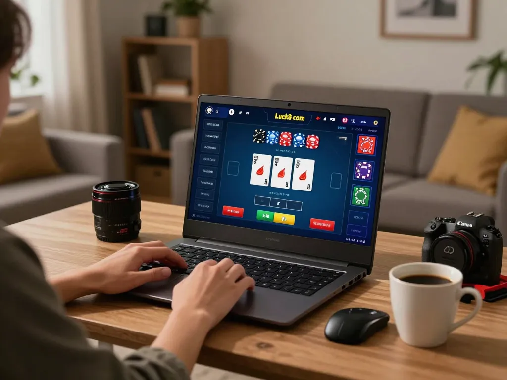 A person engaged in online gambling at Luck8 com, using a laptop in a modern home setup.