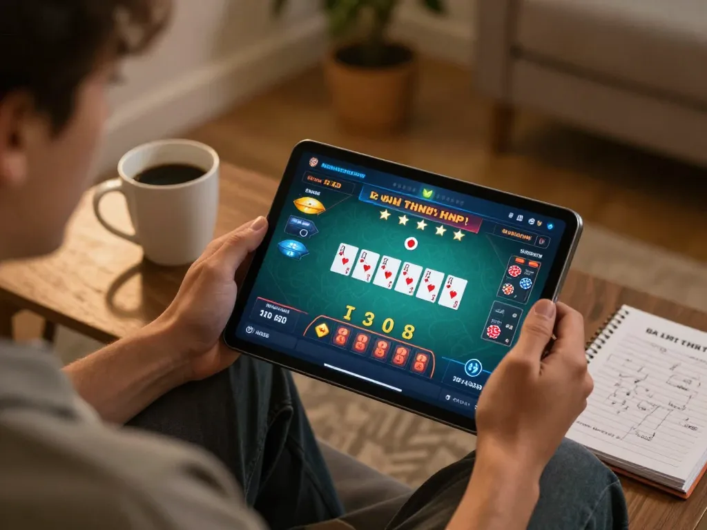 Engaged player immersed in game bài đổi thưởng on tablet with strategy notes and warm lighting.