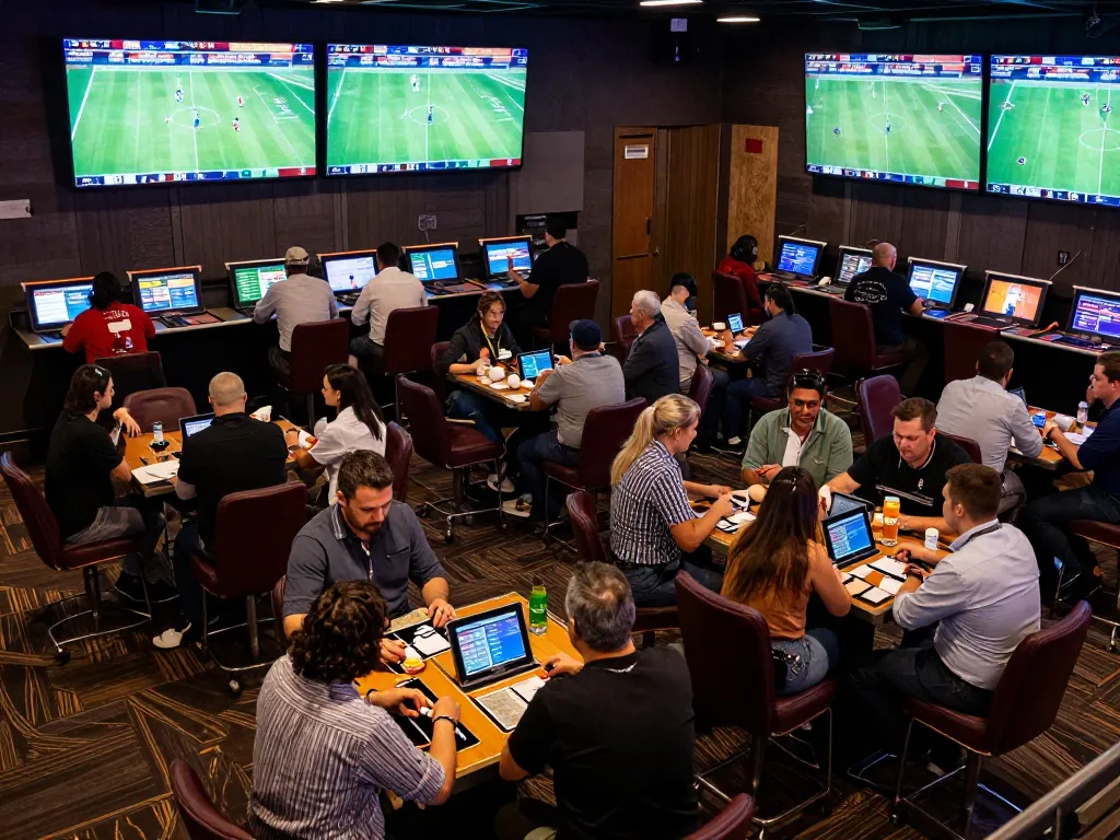People engaging with keonhacai in a bustling sportsbook, celebrating wins and placing bets.