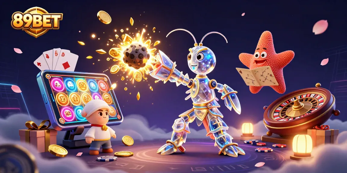 Experience thrilling action at 89BET with vibrant casino games, golden coins, and dynamic gaming elements.