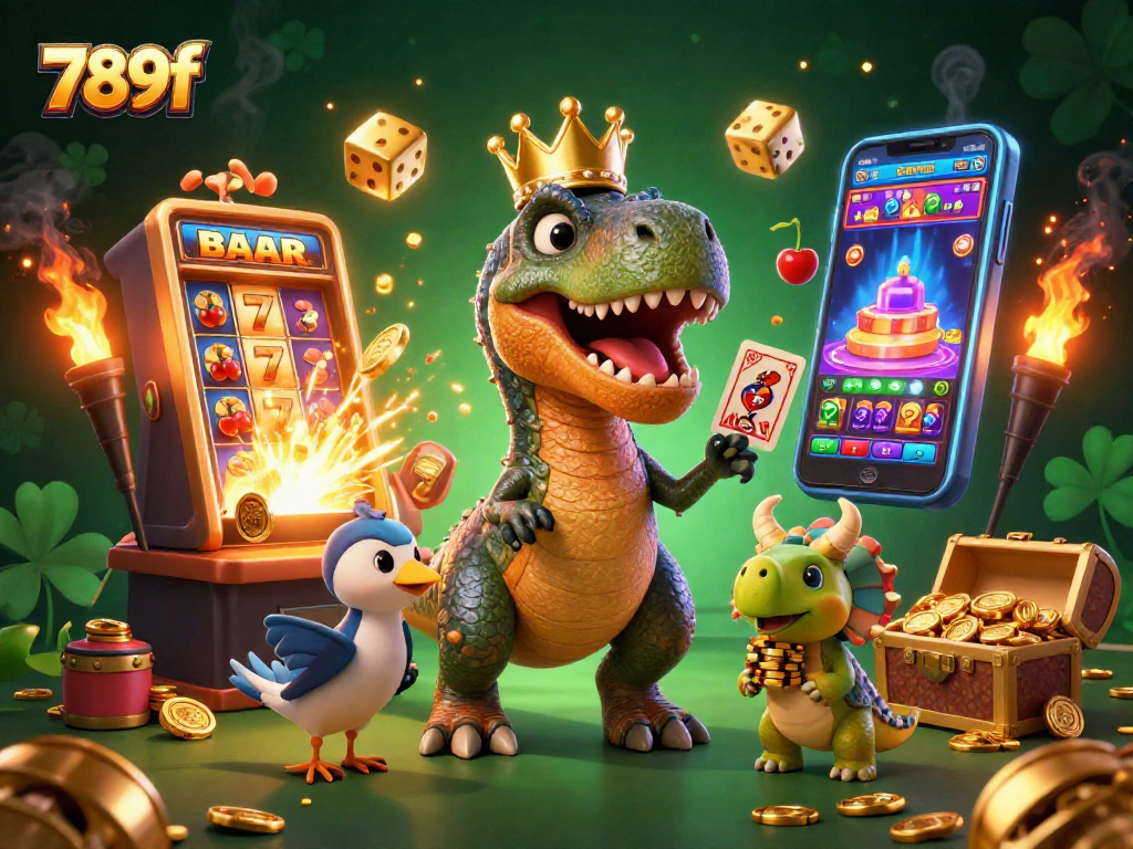Experience the thrills of 789f with a T-Rex shuffling cards and a jackpot burst in this vibrant casino scene.