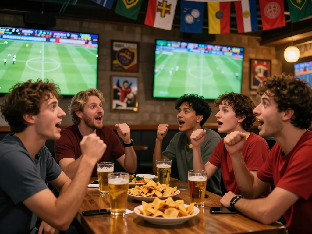 Friends enjoying kèo bóng đá while watching a live football match at a sports bar with snacks and drinks.