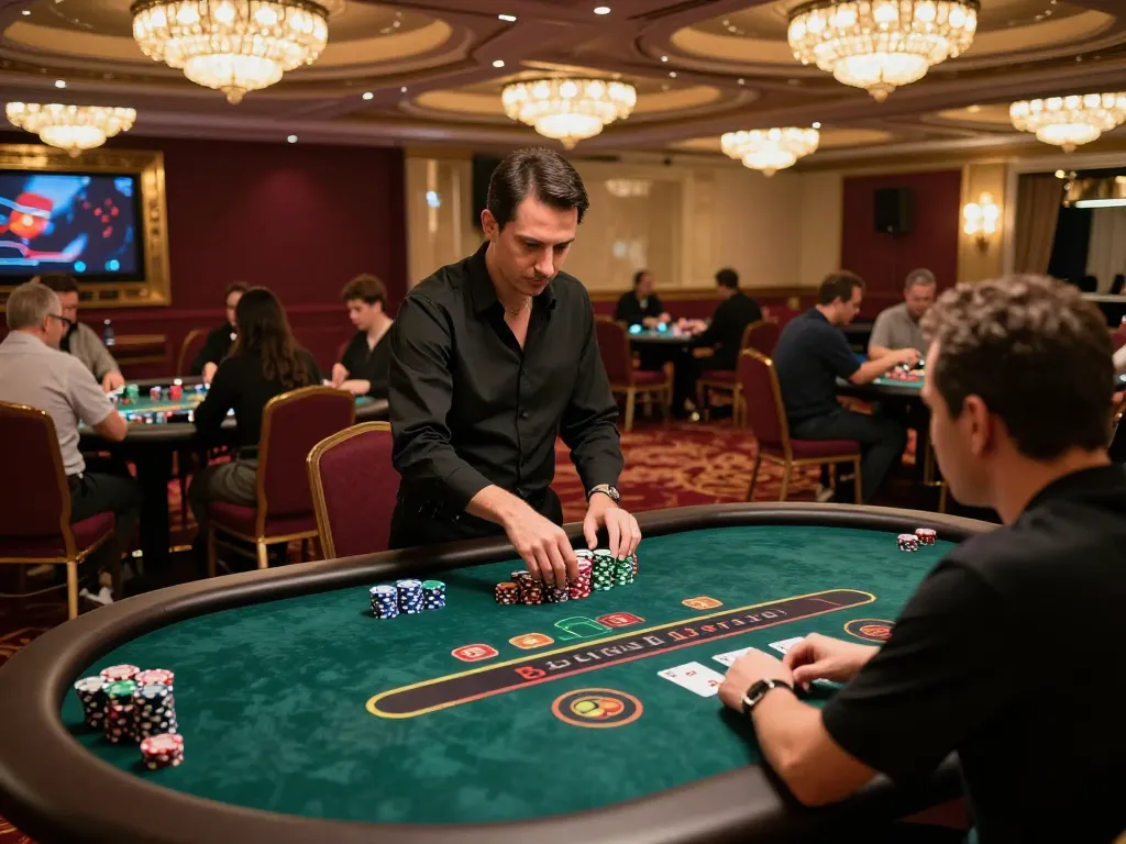 KUBET gameplay in an upscale casino with engaged players at blackjack tables.