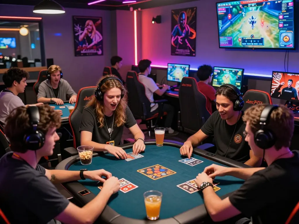 Exciting gaming atmosphere where users tải game hit club on their devices, showcasing competitive card games in a vibrant cyber café.