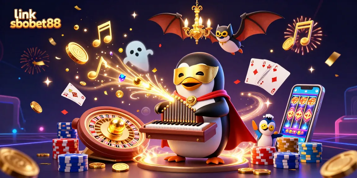 Experience big wins at link sbobet88 with the dynamic 3D casino scene showcasing vibrant gold coins, roulette wheels, and joyful characters.