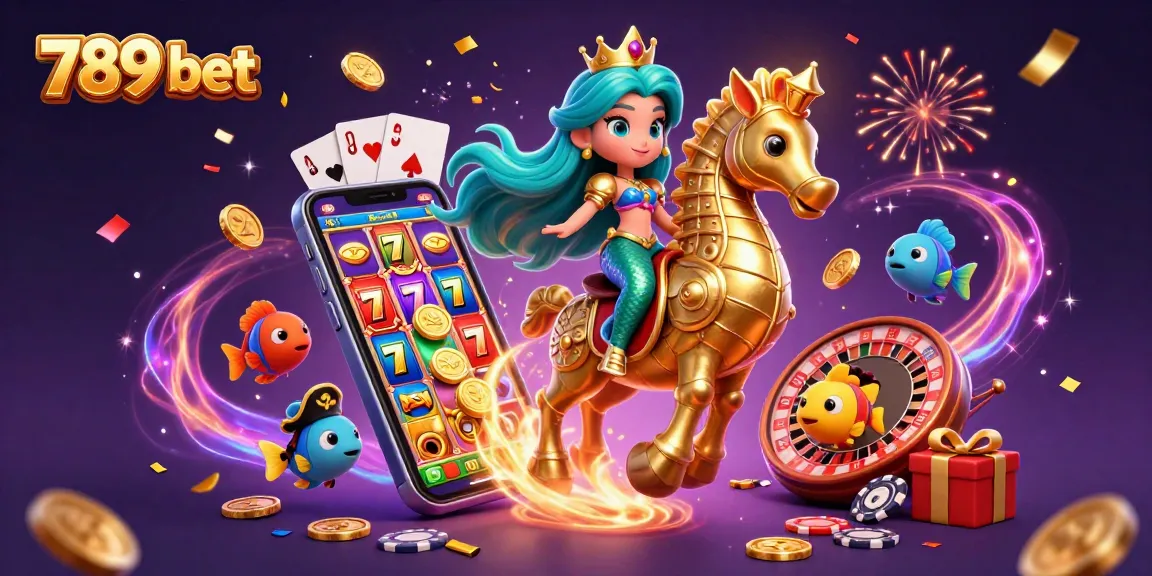 Engage in the thrilling world of 789 bet with a vibrant casino scene featuring slots, golden coins, and magical elements.