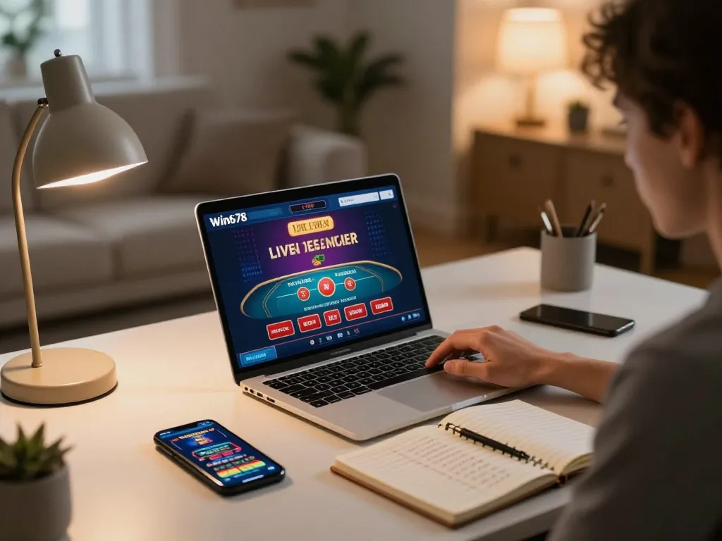 Experience Win678's thrilling online gaming with a cozy home setup, showcasing live dealer excitement.