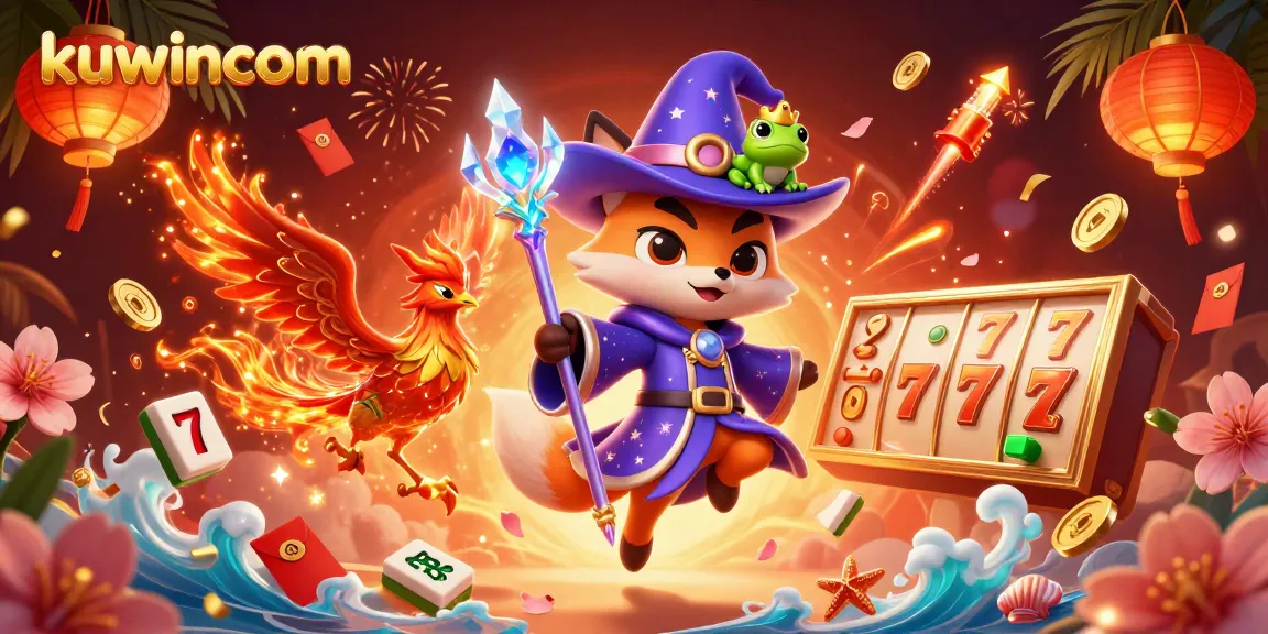 Kuwincom features a mystical fox wizard and phoenix in a vibrant casino scene with slot reels.
