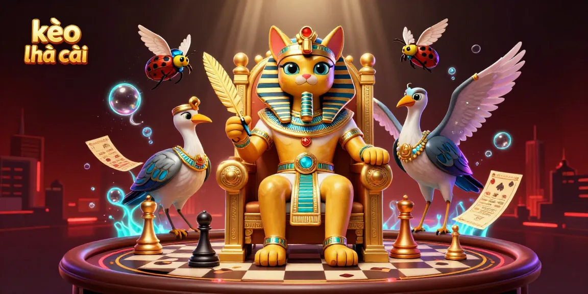 dynamic 3D illustration of kèo nhà cái with Egyptian cat pharaoh, live casino elements, and rich gambling symbols