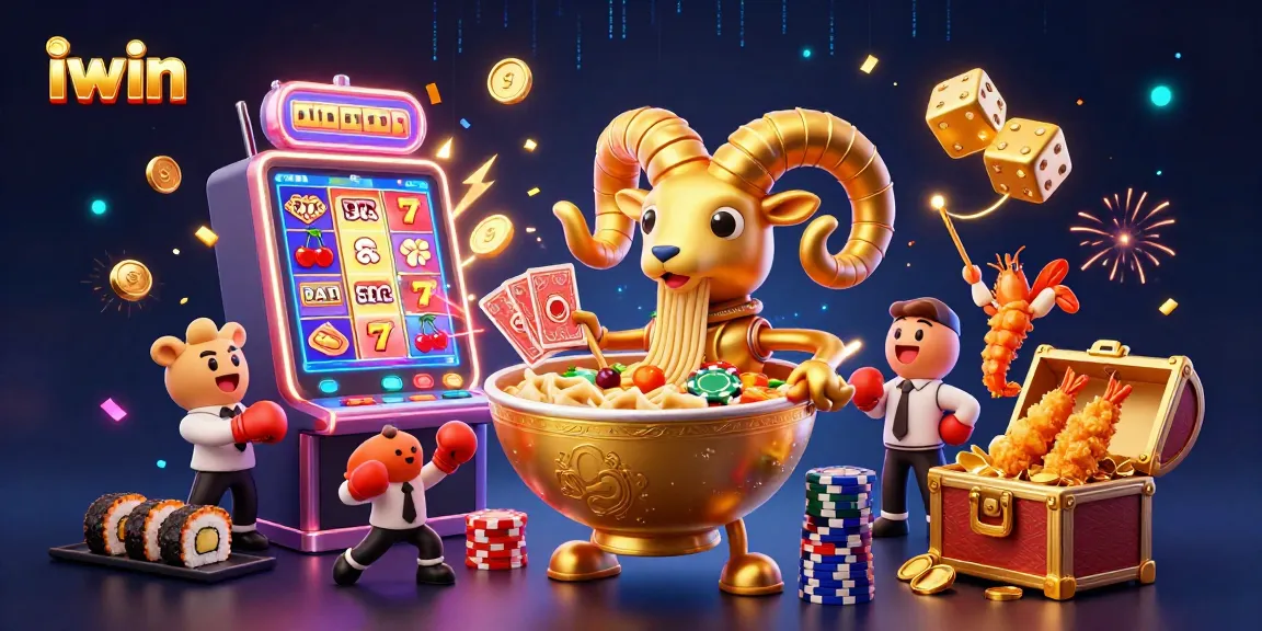 Engage in thrilling gameplay with iwin's colorful casino scene, featuring a ramen bowl dealer and slot machine excitement.
