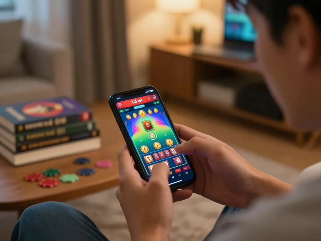 Engaging player using the tài xỉu online app on smartphone, showcasing strategic gameplay in a cozy home setup.
