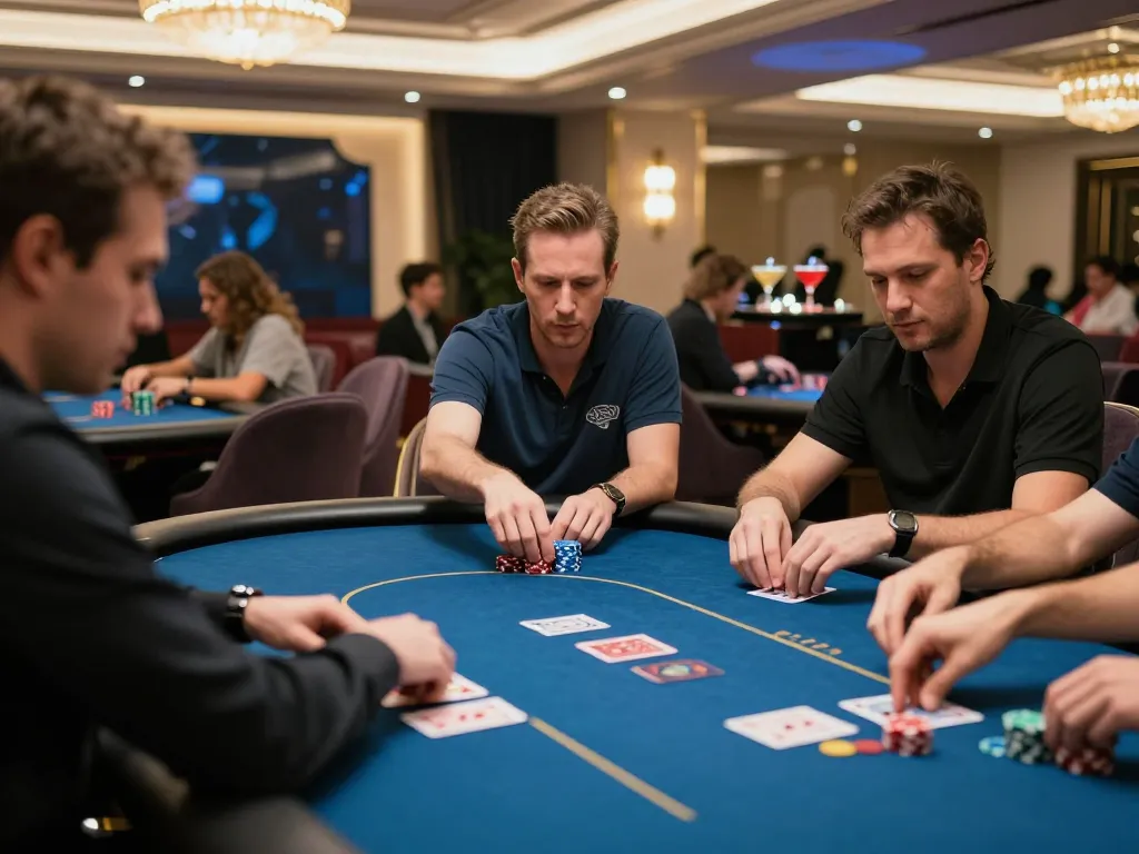 Gaming excitement at 88 club with serious poker players focused on high-stakes game.