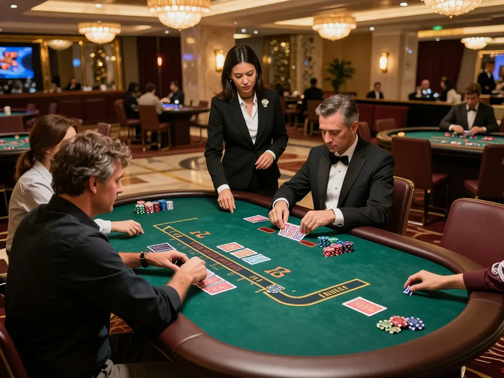 Engaged players at MM88 blackjack table strategizing their next moves in a luxurious casino.