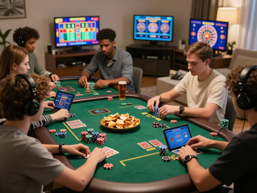 Players enjoying online gaming experiences at home with hm88, showcasing casino games and a cozy atmosphere.