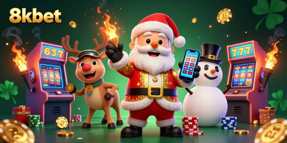 Experience thrilling jackpots at 8xbet with Santa and friends in a vibrant casino environment.