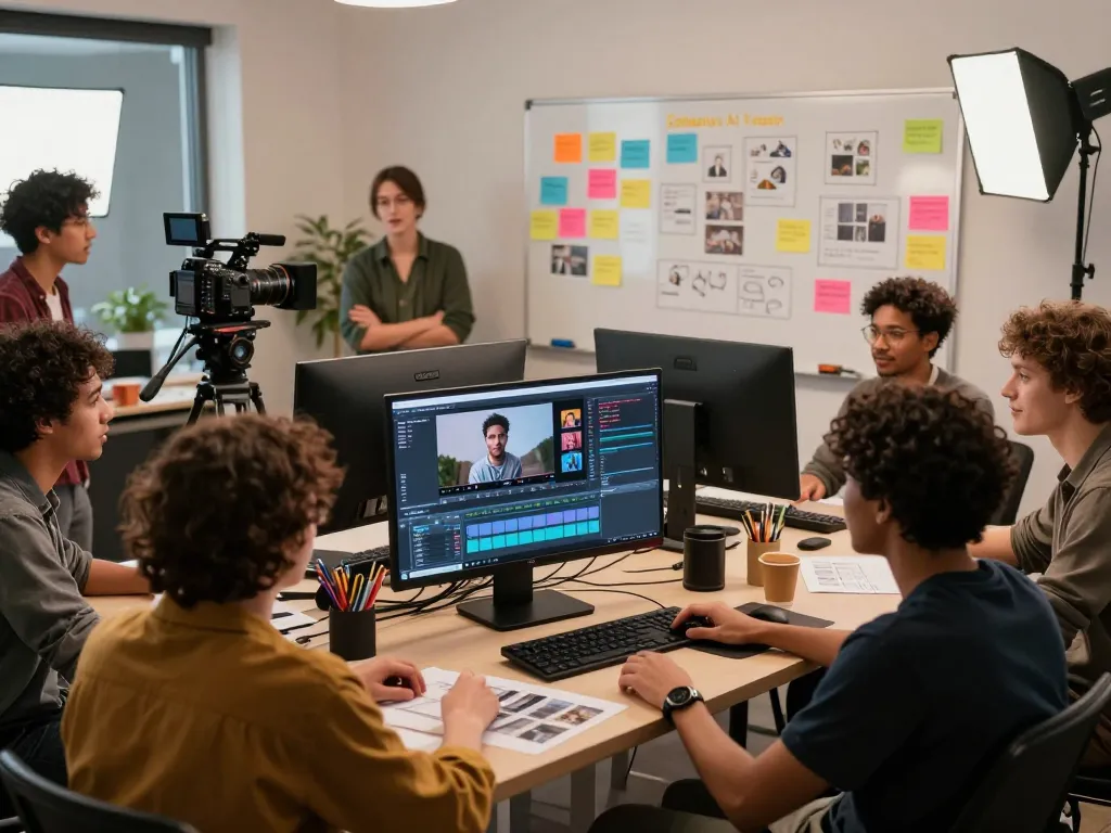 Diverse team collaborating in video production studio using Seedance AI for creative storytelling.