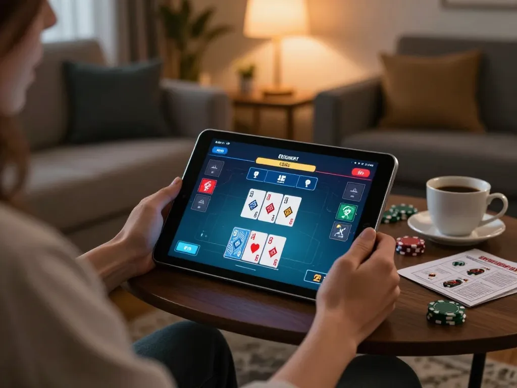 Engaging online poker session at Nhà cái Vin88, showcasing gameplay on a tablet in a cozy setting.