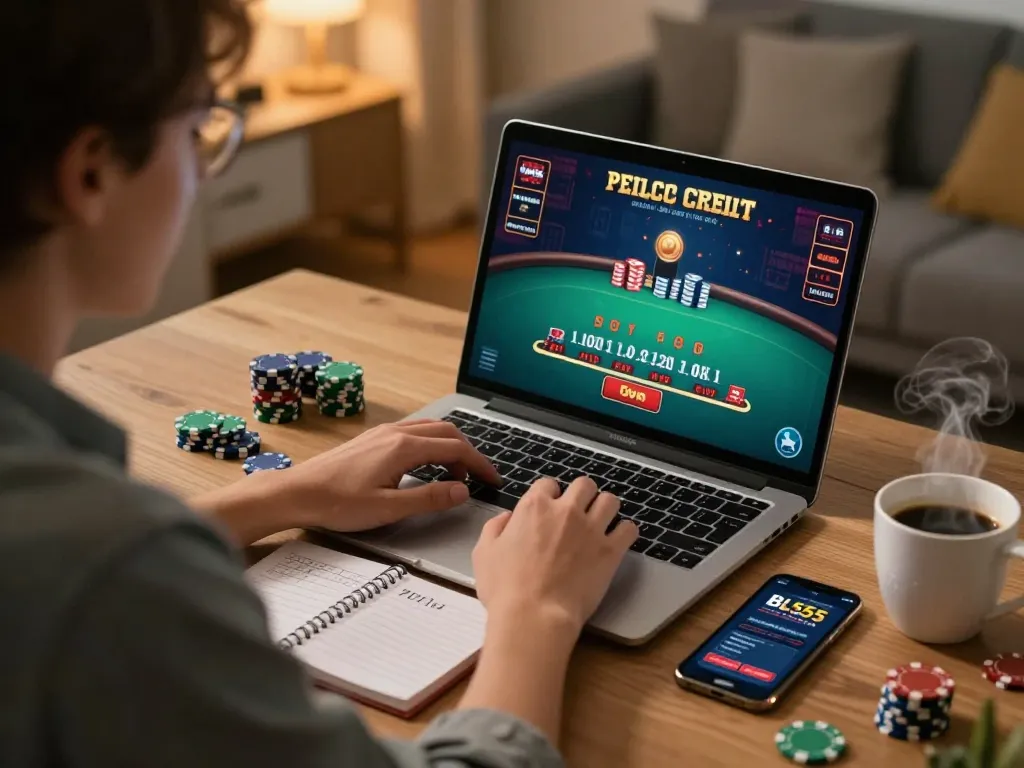 Player engaging with Bl555 online blackjack game at home, showcasing strategic gaming in a cozy setup.