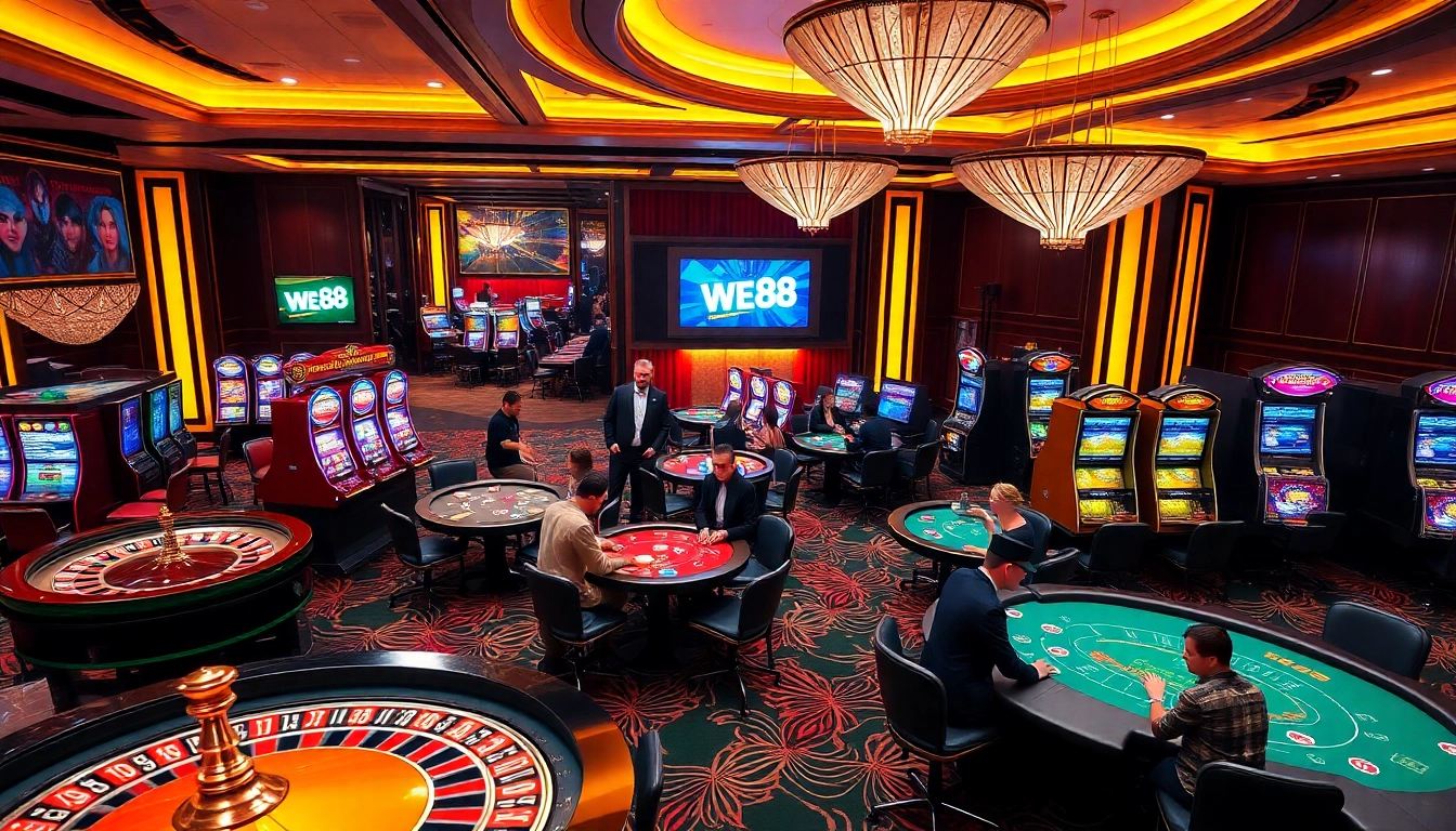 Players enjoying a thrilling experience at WE88 casino tables with dynamic games and vibrant atmosphere.