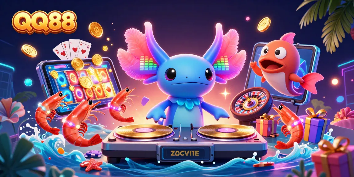 Experience thrilling gaming with QQ88, featuring festive gaming characters and vibrant casino elements.