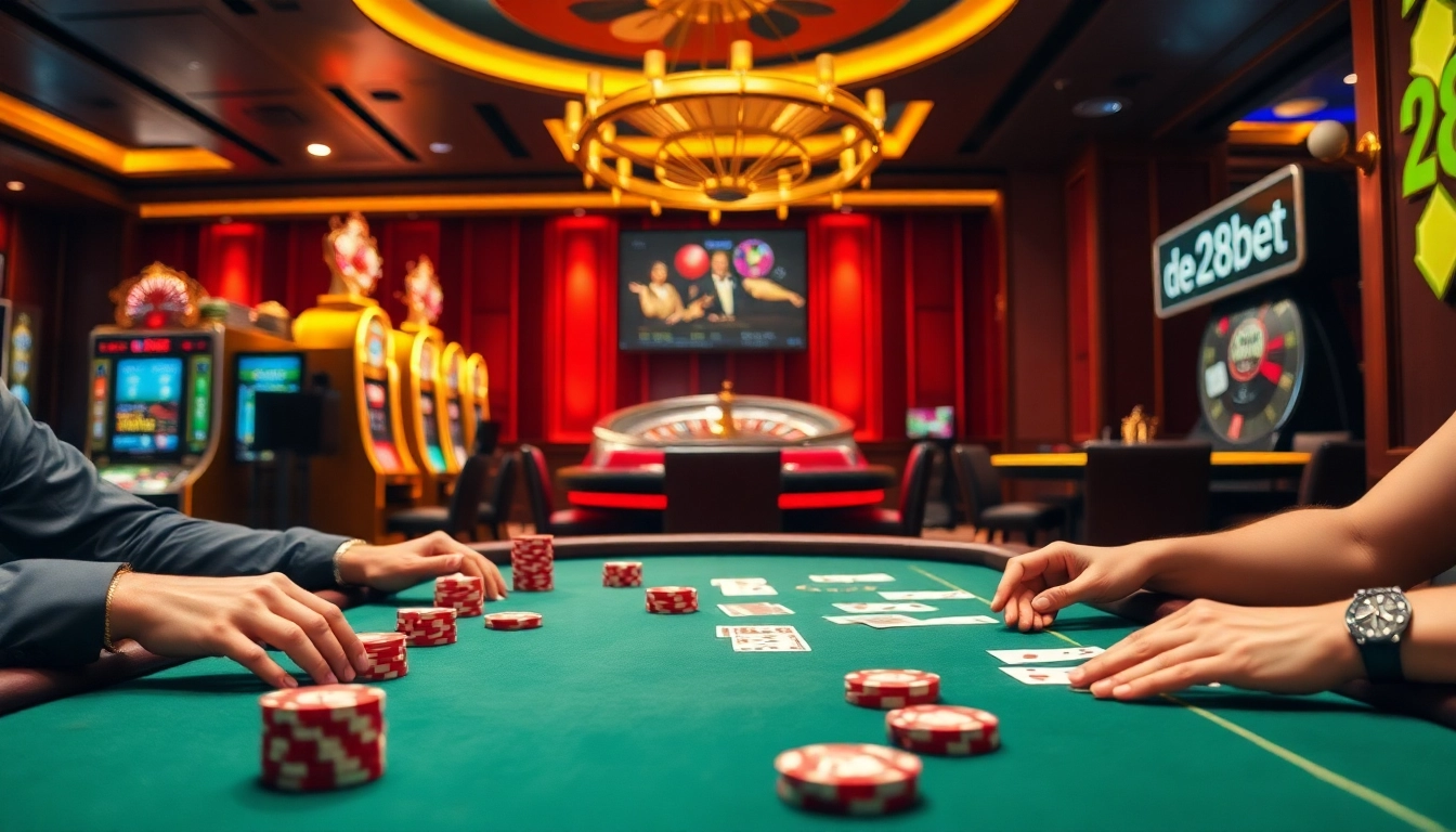 Players engaging in a thrilling game of poker at 28bet, with vibrant casino elements and colorful chips.