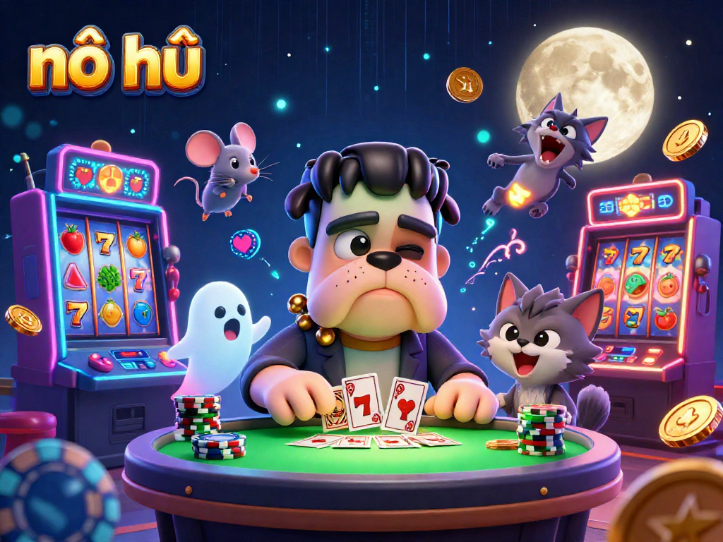 Engage with nổ hũ excitement at a lively casino scene featuring colorful slot machines and fun characters.