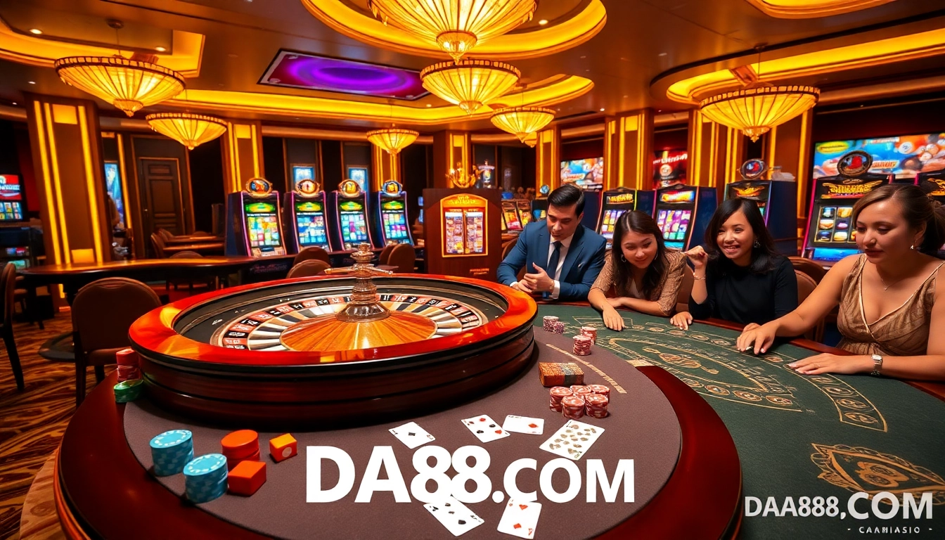 Experience thrilling gameplay at DA88.COM with engaging casino visuals including poker chips and roulette wheels.