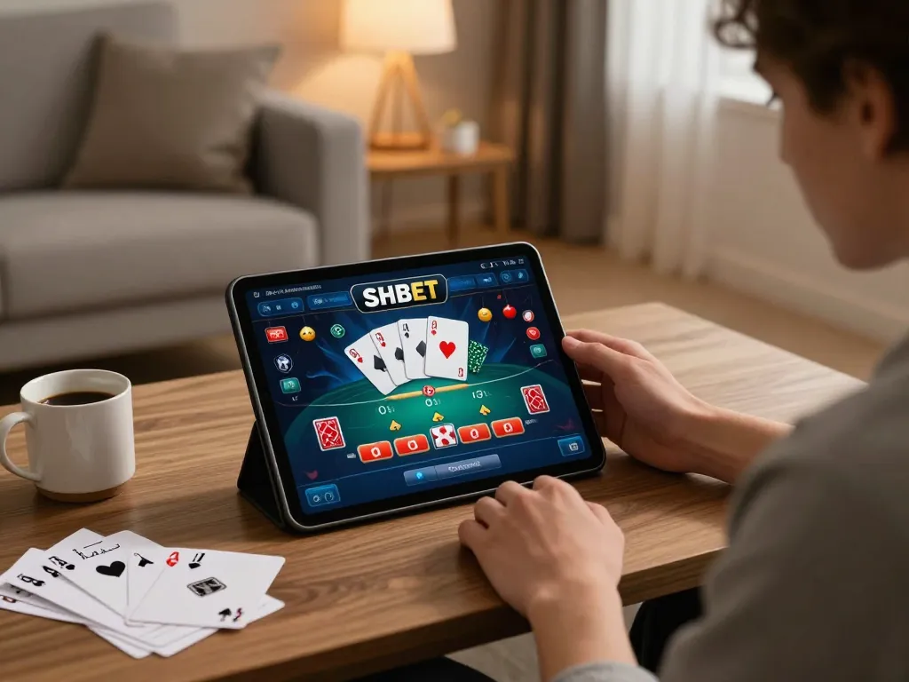 Engaging in SHBET online gaming while focusing on strategy and comfort at home.