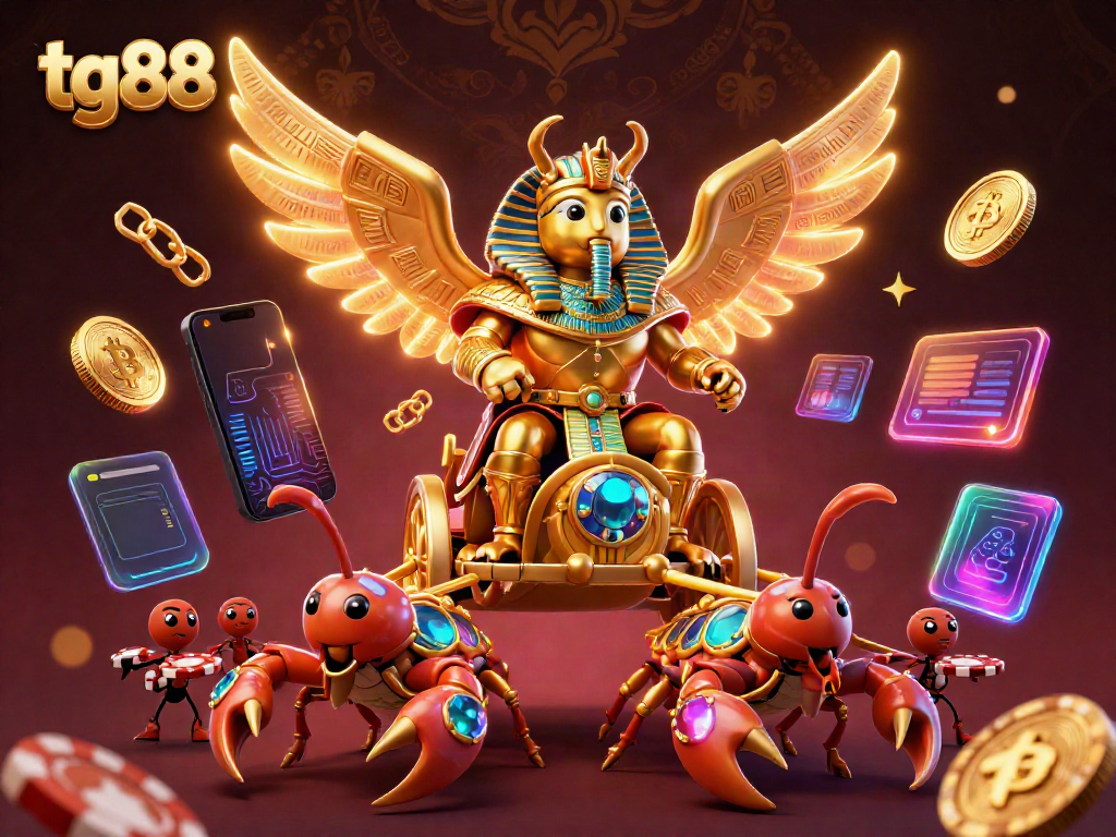 Join the excitement at tg88 with a golden scarab beetle chariot and crypto elements, showcasing rich casino adventures.