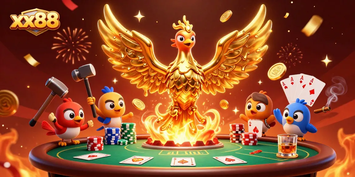 Experience the thrilling world of xx88 with molten gold phoenix, poker chips, and vibrant casino elements.