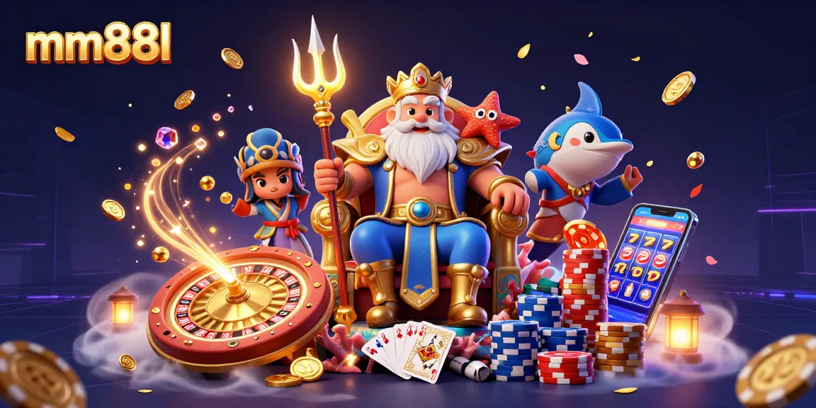 Engage in exciting gameplay at mm88l with casino king Neptune and vibrant chips.