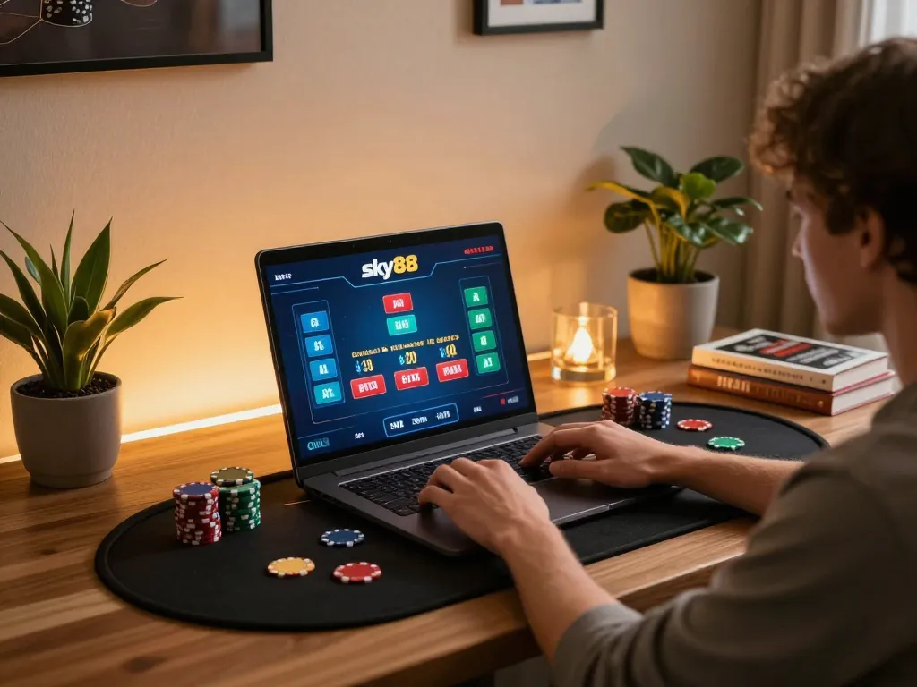 Engage in exciting online poker at sky88 with a stylish gaming setup, showcasing strategic gameplay