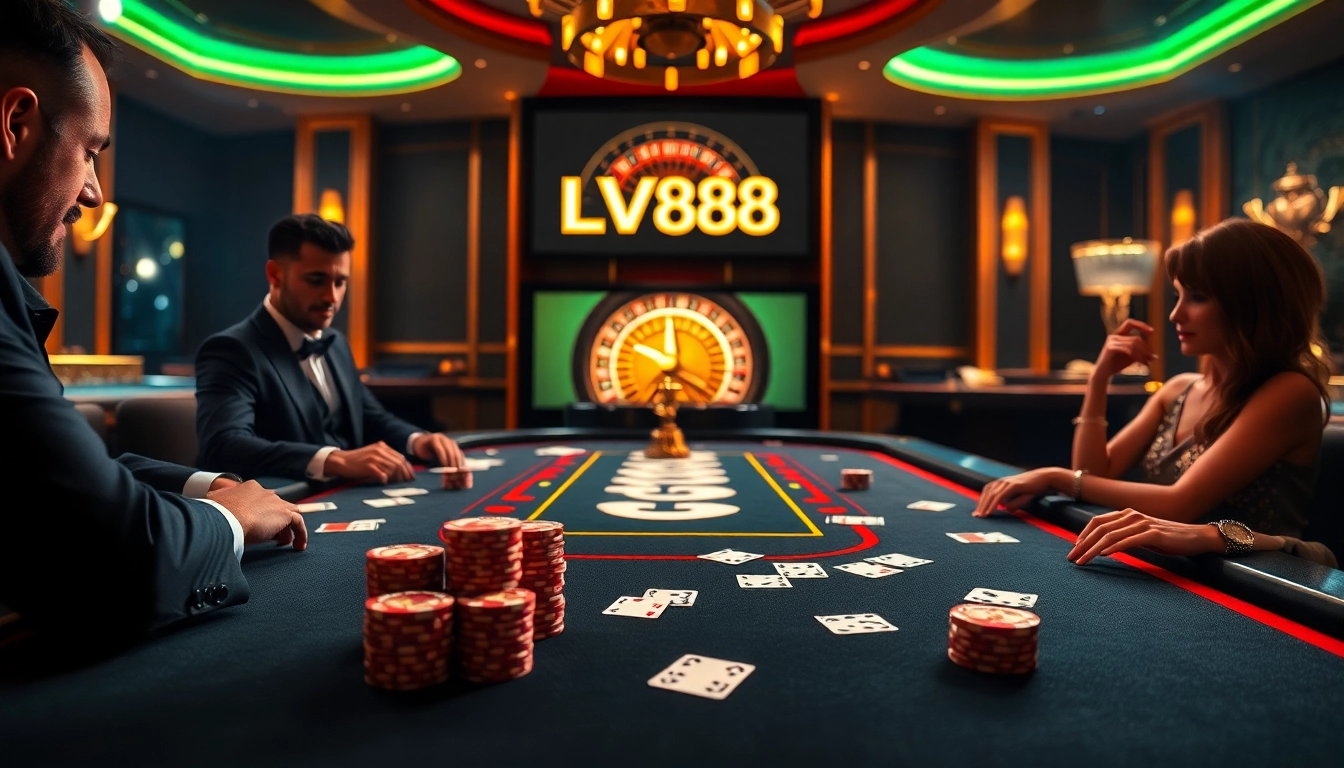 Experience the thrill of Baccarat at LV88 Casino with stylish players and vibrant gaming elements.