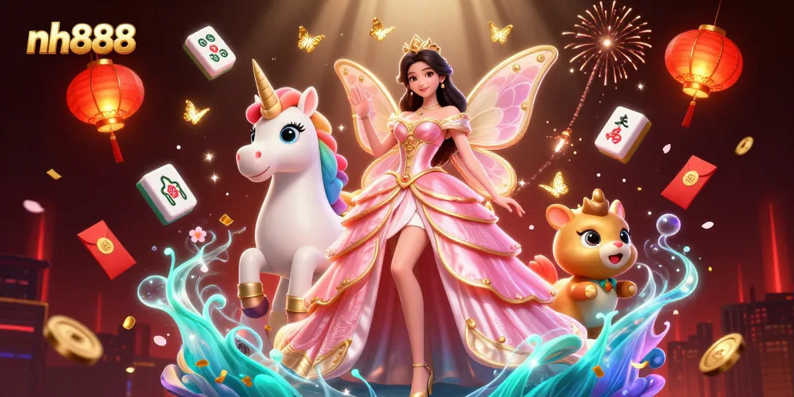 Join the excitement at nh888 with a glamorous Asian woman in a playful casino scene filled with vibrant gaming elements.