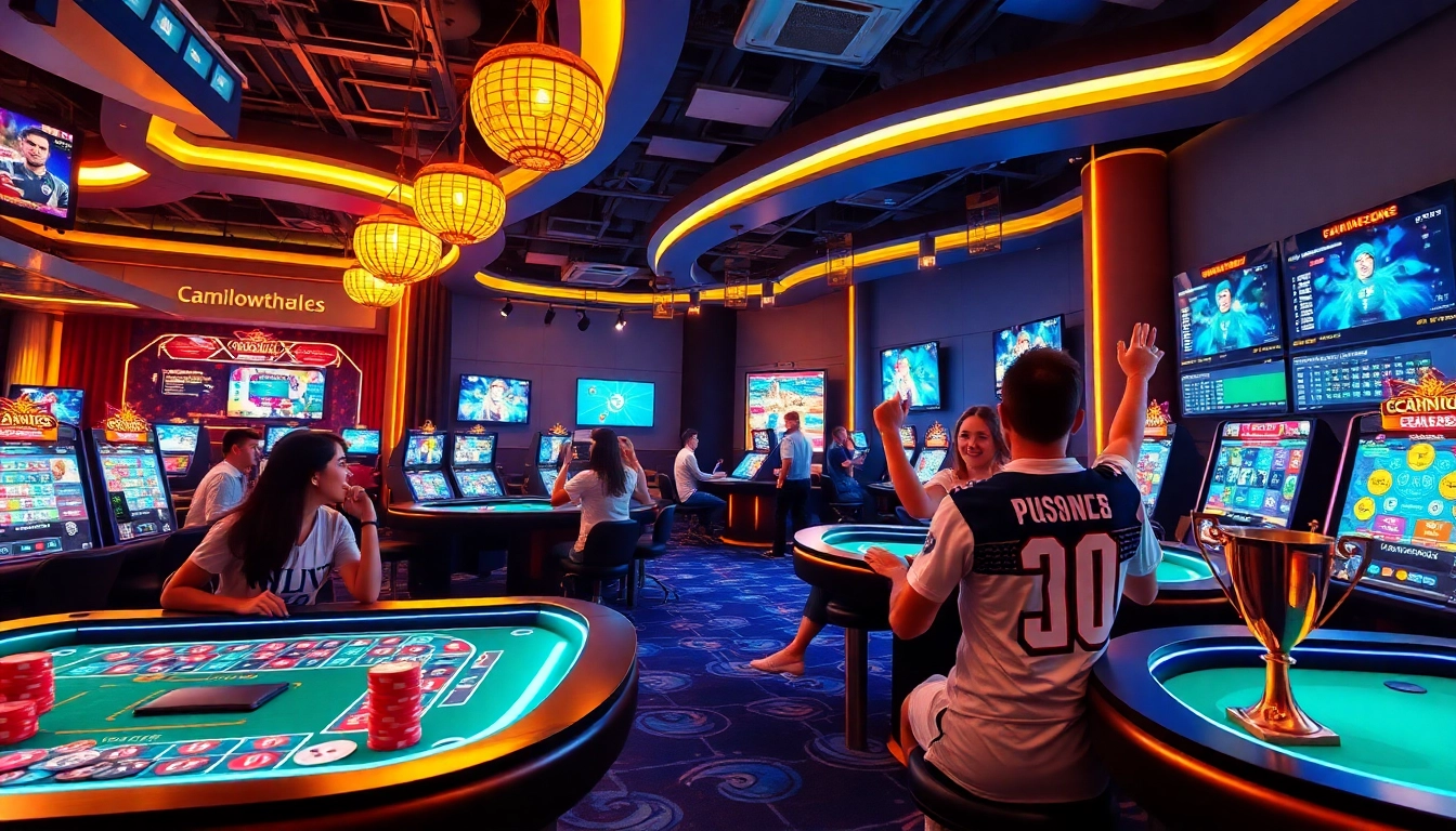 A vibrant online gambling scene showcasing stimmgewitter.org, featuring digital casino tables and sports betting excitement.
